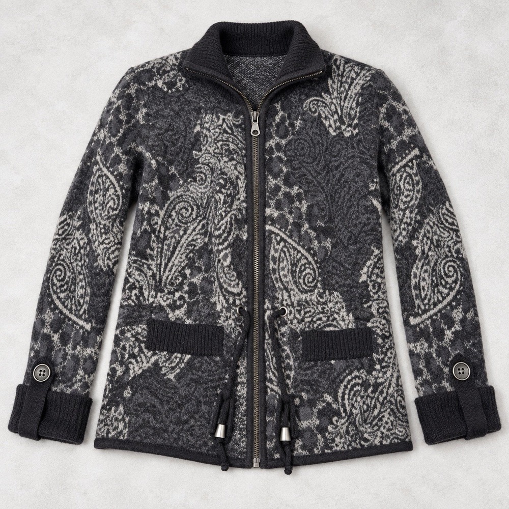 Pendleton Merino Wool Cardigan Sweater Womens S Black Gray Paisley Full Zip Coat